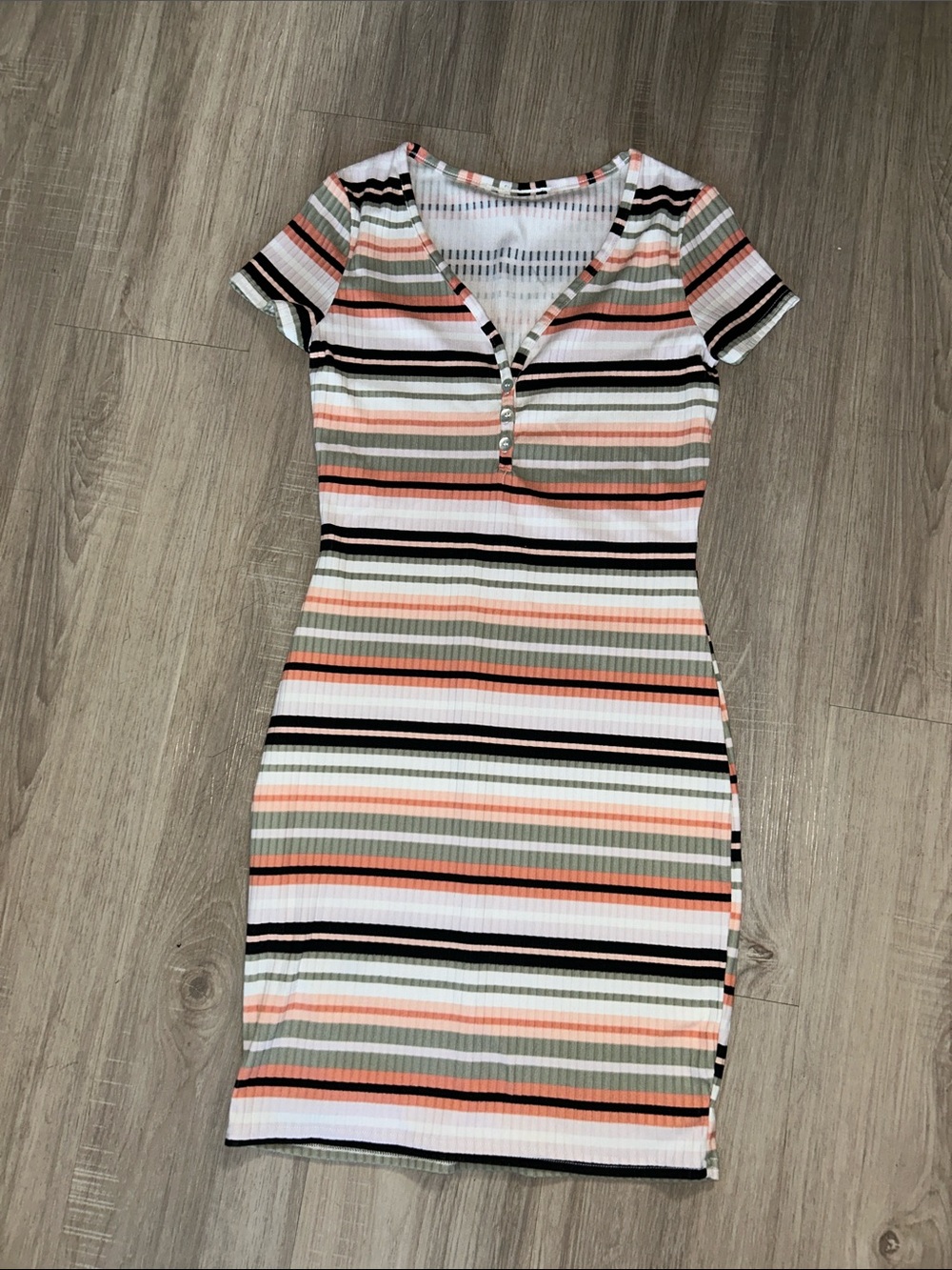 Striped Short Sleeve Bodycon Dress in Coral and Olive